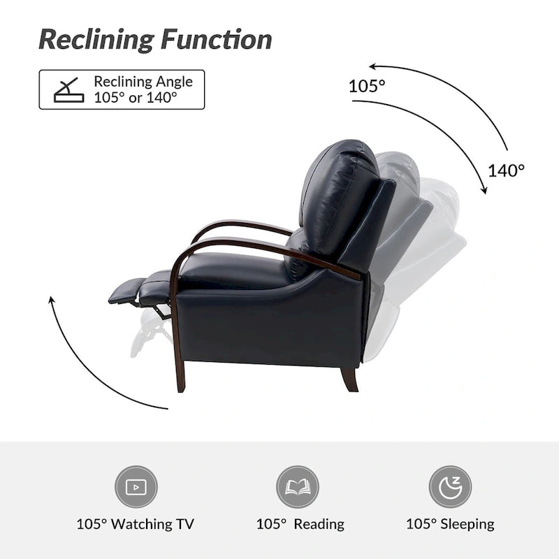 Sillón Reclinable Individual de Piel Genuina Negro / Multicolor con Respaldo Abatible y Brazos de Madera