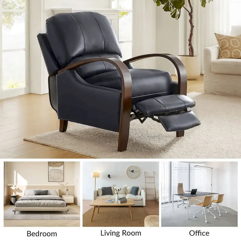 Sillón Reclinable Individual de Piel Genuina Negro / Multicolor con Respaldo Abatible y Brazos de Madera