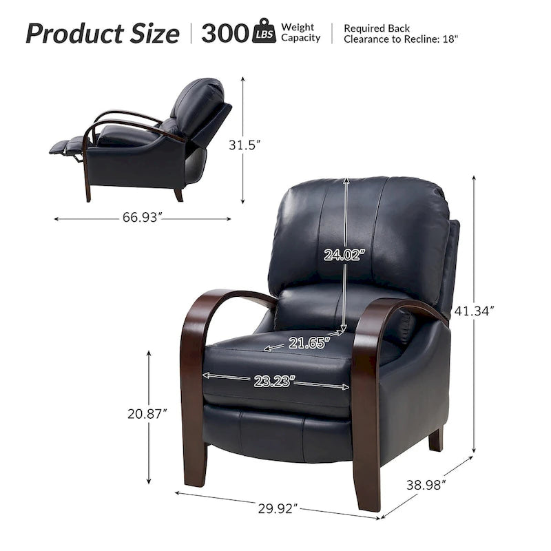 Sillón Reclinable Individual de Piel Genuina Negro / Multicolor con Respaldo Abatible y Brazos de Madera