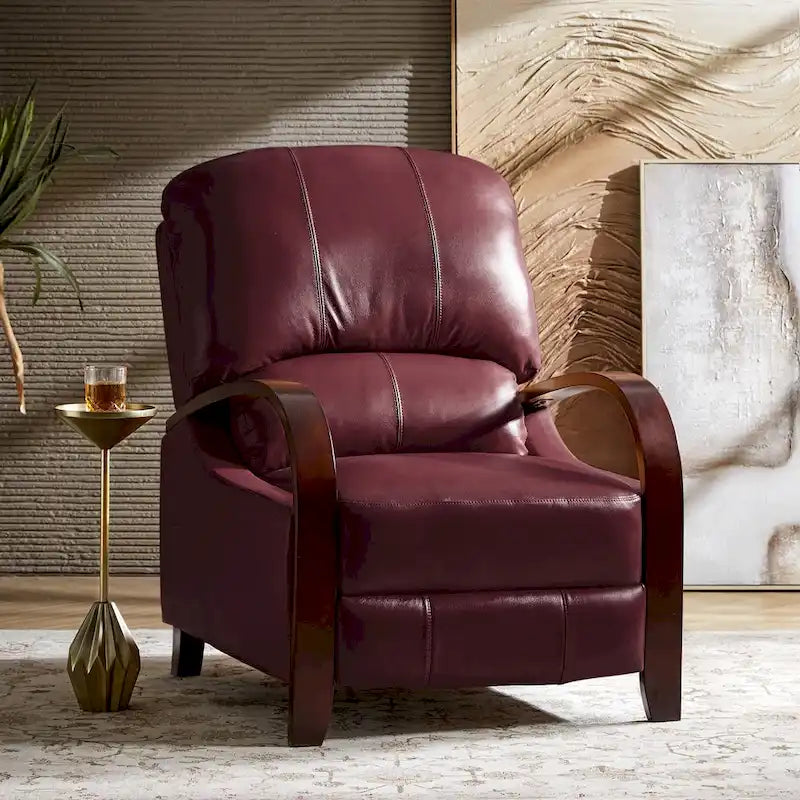 Sillón Reclinable Individual de Piel Genuina Negro / Multicolor con Respaldo Abatible y Brazos de Madera