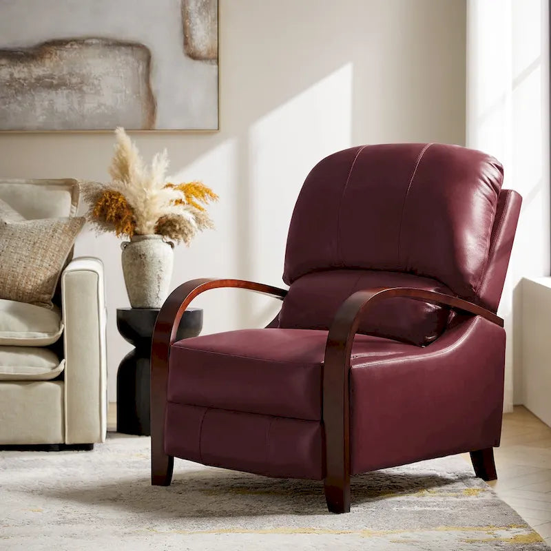 Sillón Reclinable Individual de Piel Genuina Negro / Multicolor con Respaldo Abatible y Brazos de Madera