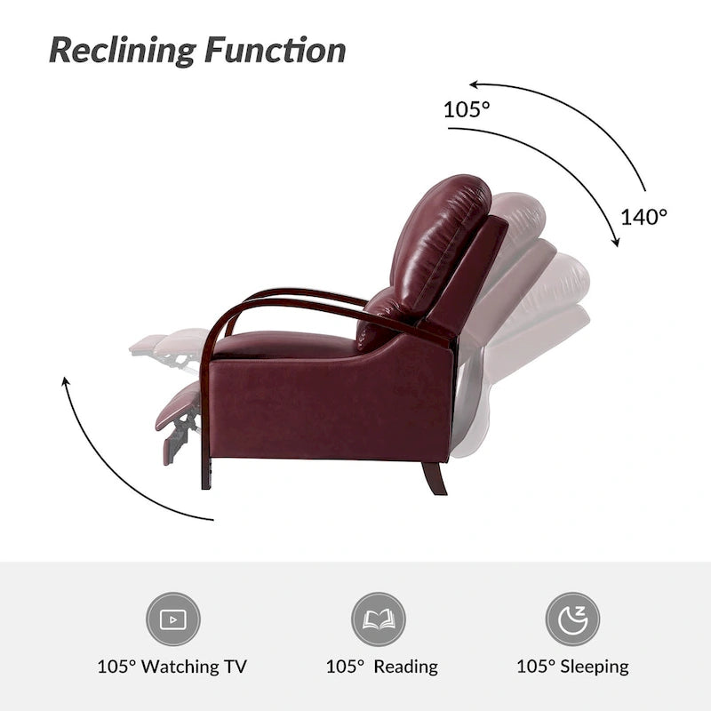 Sillón Reclinable Individual de Piel Genuina Negro / Multicolor con Respaldo Abatible y Brazos de Madera