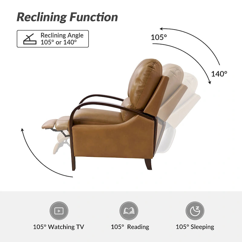 Sillón Reclinable Individual de Piel Genuina Negro / Multicolor con Respaldo Abatible y Brazos de Madera
