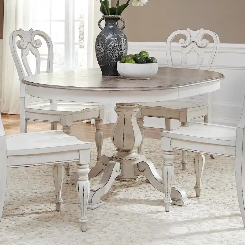 Mesa de comedor redonda de pedestal Magnolia Manor con extensiones expandibles - 2 acabados