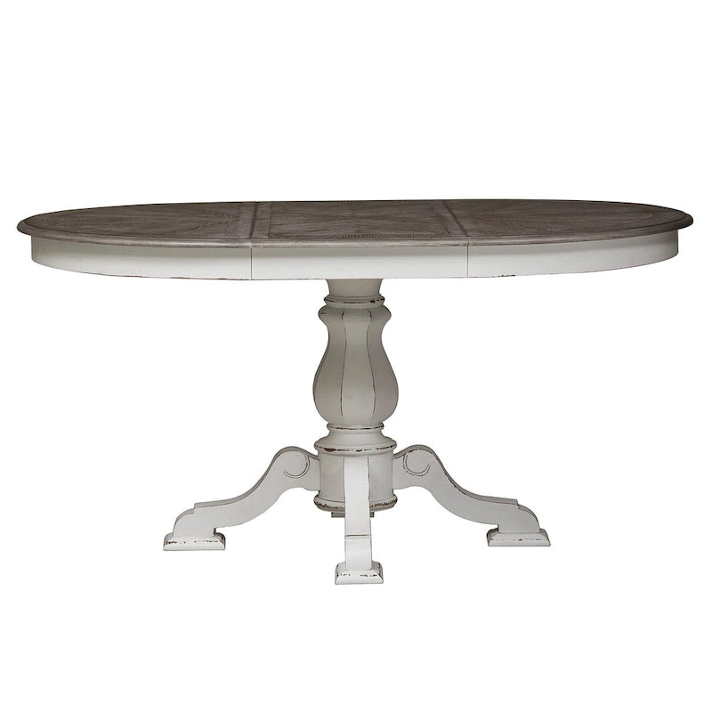 Mesa de comedor redonda de pedestal Magnolia Manor con extensiones expandibles - 2 acabados