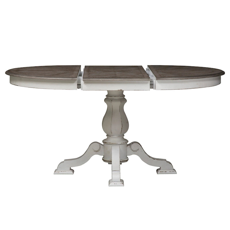 Mesa de comedor redonda de pedestal Magnolia Manor con extensiones expandibles - 2 acabados