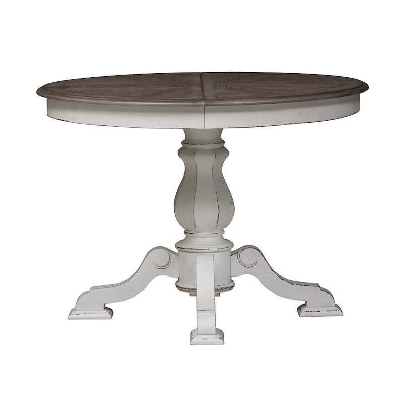 Mesa de comedor redonda de pedestal Magnolia Manor con extensiones expandibles - 2 acabados