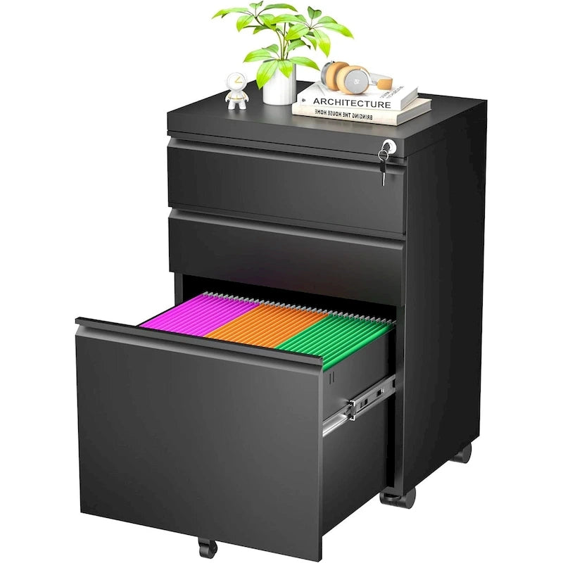 Archivador metálico vertical de 3 cajones con ruedas | Negro, naranja, azul, blanco, rosa, gris | 1 persona