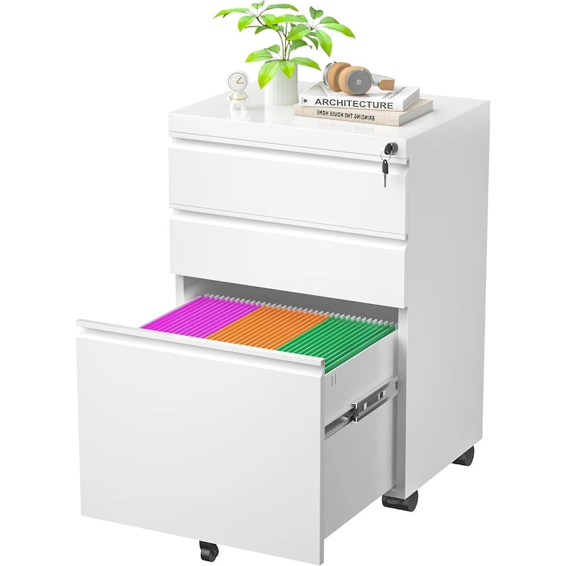 Archivador metálico vertical de 3 cajones con ruedas | Negro, naranja, azul, blanco, rosa, gris | 1 persona
