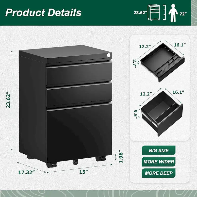 Archivador metálico vertical de 3 cajones con ruedas | Negro, naranja, azul, blanco, rosa, gris | 1 persona