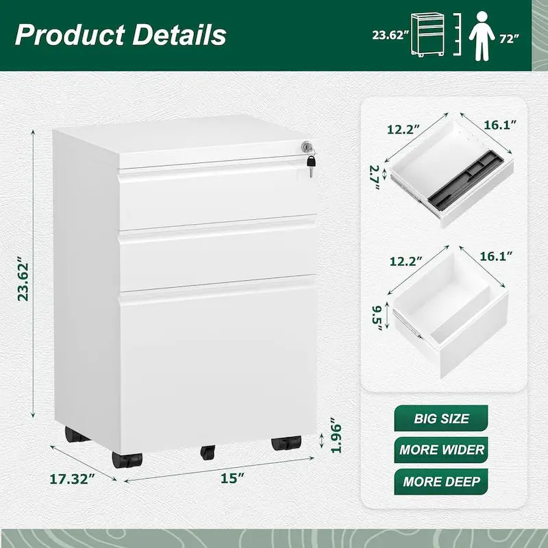 Archivador metálico vertical de 3 cajones con ruedas | Negro, naranja, azul, blanco, rosa, gris | 1 persona