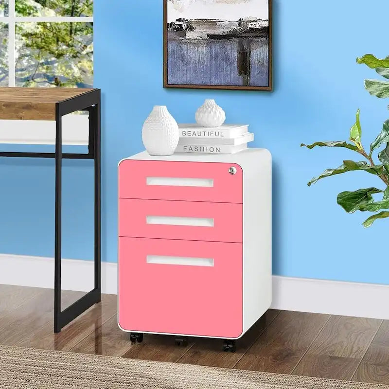 Archivador metálico vertical de 3 cajones con ruedas | Negro, naranja, azul, blanco, rosa, gris | 1 persona