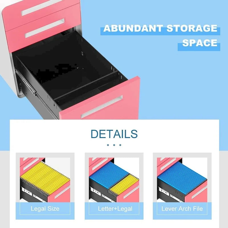 Archivador metálico vertical de 3 cajones con ruedas | Negro, naranja, azul, blanco, rosa, gris | 1 persona