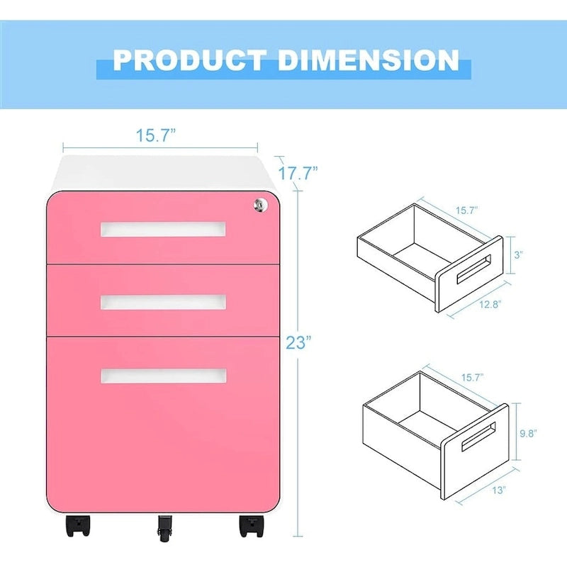Archivador metálico vertical de 3 cajones con ruedas | Negro, naranja, azul, blanco, rosa, gris | 1 persona