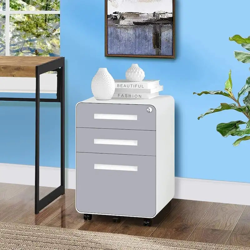 Archivador metálico vertical de 3 cajones con ruedas | Negro, naranja, azul, blanco, rosa, gris | 1 persona