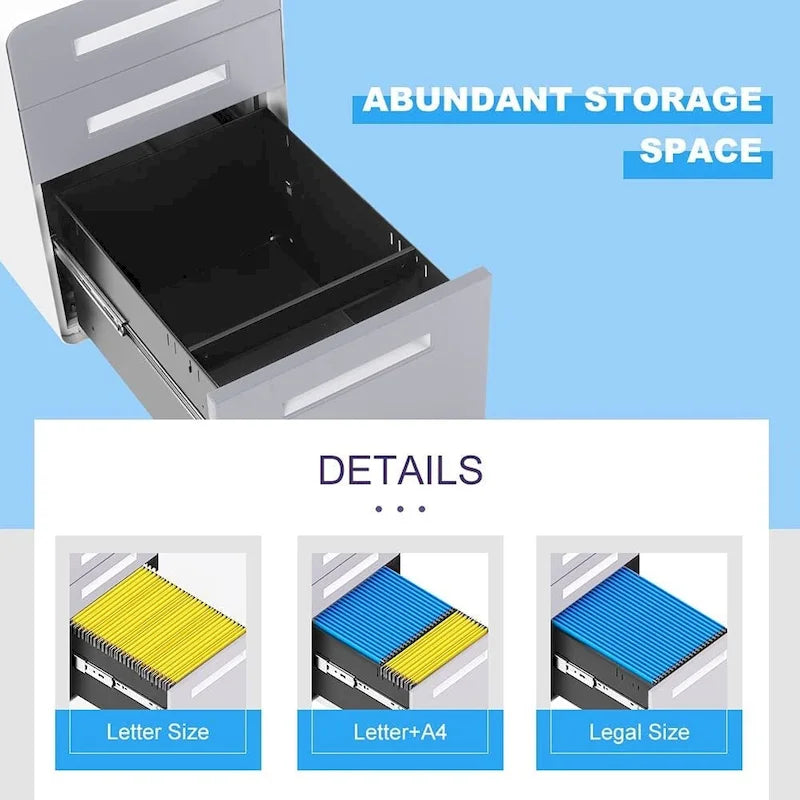 Archivador metálico vertical de 3 cajones con ruedas | Negro, naranja, azul, blanco, rosa, gris | 1 persona