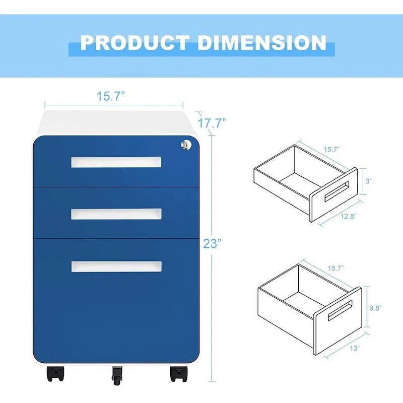 Archivador metálico vertical de 3 cajones con ruedas | Negro, naranja, azul, blanco, rosa, gris | 1 persona