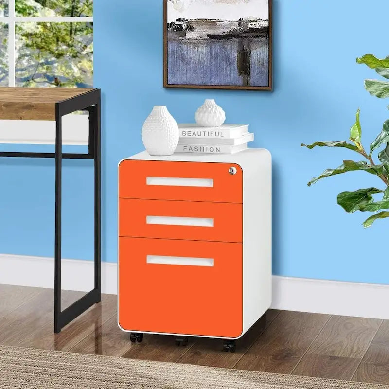 Archivador metálico vertical de 3 cajones con ruedas | Negro, naranja, azul, blanco, rosa, gris | 1 persona