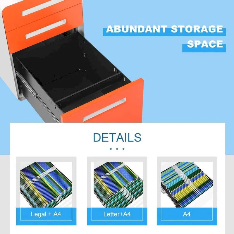Archivador metálico vertical de 3 cajones con ruedas | Negro, naranja, azul, blanco, rosa, gris | 1 persona