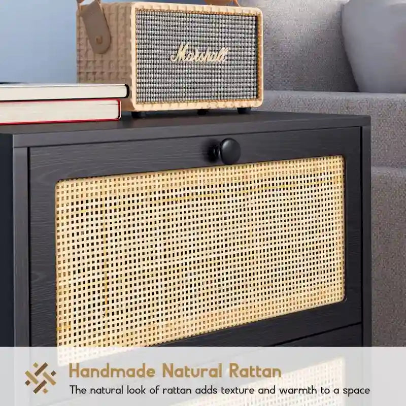 Mesita de noche bohemia de ratán natural con cajón, juego de 2 unidades