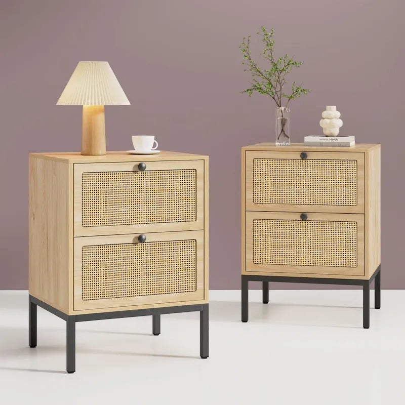 Mesita de noche bohemia de ratán natural con cajón, juego de 2 unidades