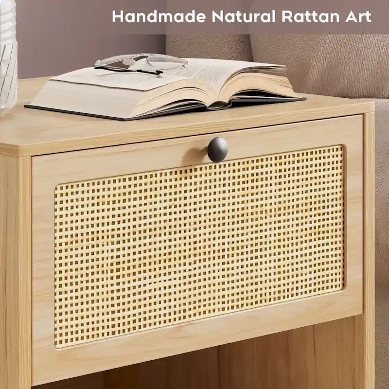 Mesita de noche bohemia de ratán natural con cajón, juego de 2 unidades
