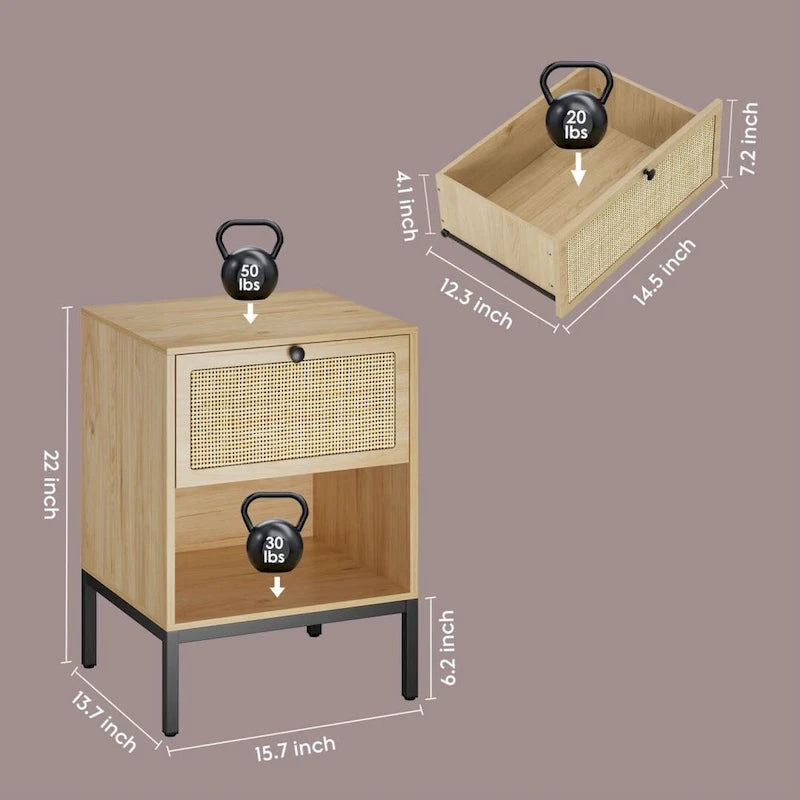 Mesita de noche bohemia de ratán natural con cajón, juego de 2 unidades