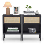 Mesita de noche bohemia de ratán natural con cajón, juego de 2 unidades