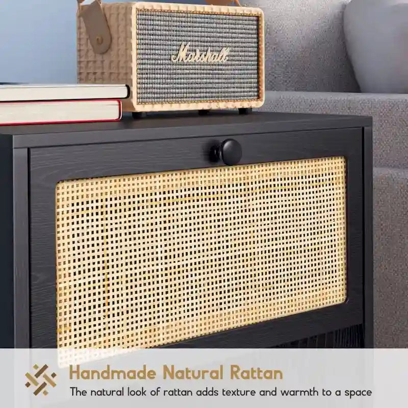 Mesita de noche bohemia de ratán natural con cajón, juego de 2 unidades