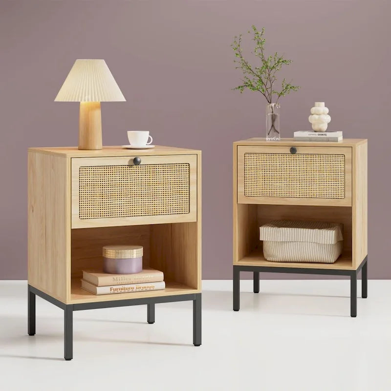 Mesita de noche bohemia de ratán natural con cajón, juego de 2 unidades