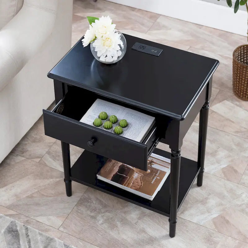 Mesita de noche de 1 cajón, Negro / Blanco / Marrón / Gris / Azul marino, Estilo costero, Para 1 persona