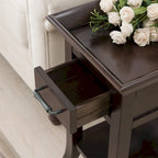 Mesa auxiliar de madera con un cajón y estante inferior, gris humo y cerezo chocolate
