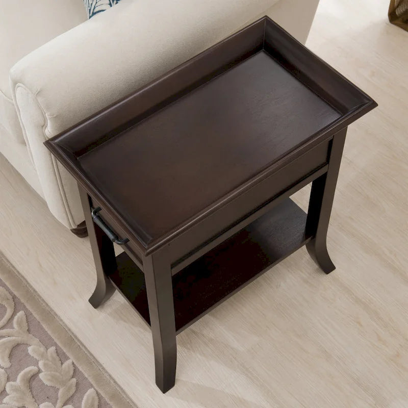 Mesa auxiliar de madera con un cajón y estante inferior, gris humo y cerezo chocolate
