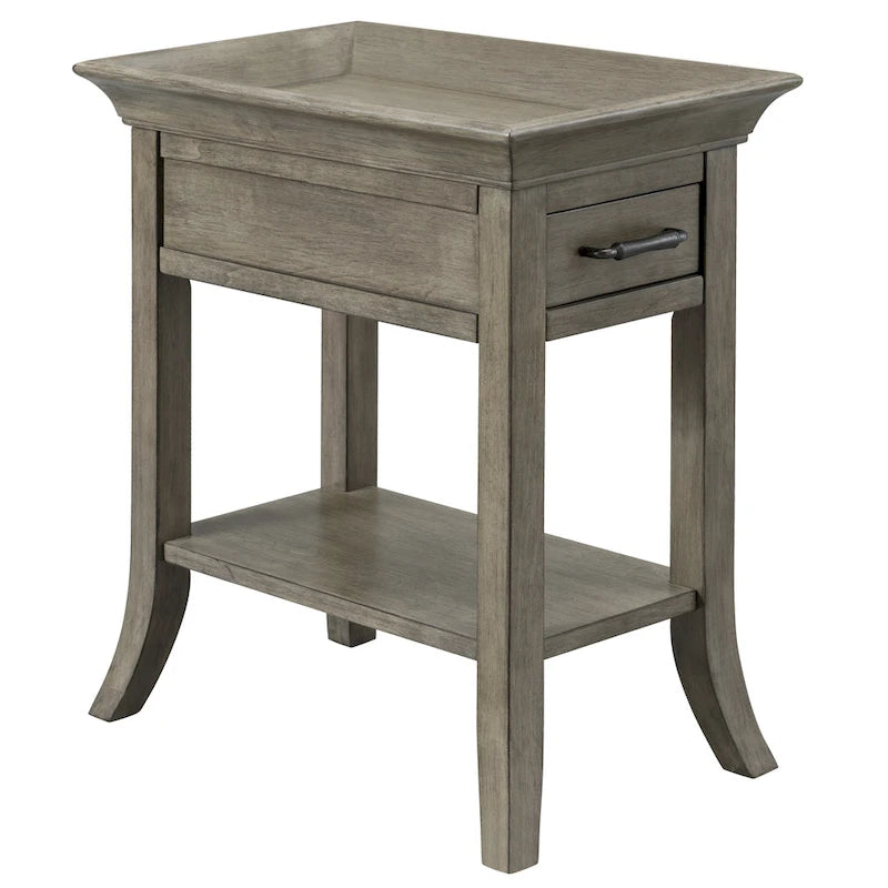 Mesa auxiliar de madera con un cajón y estante inferior, gris humo y cerezo chocolate