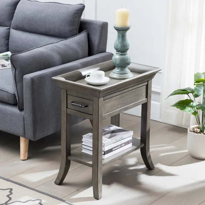 Mesa auxiliar de madera con un cajón y estante inferior, gris humo y cerezo chocolate