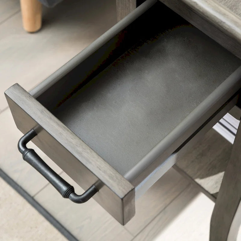 Mesa auxiliar de madera con un cajón y estante inferior, gris humo y cerezo chocolate