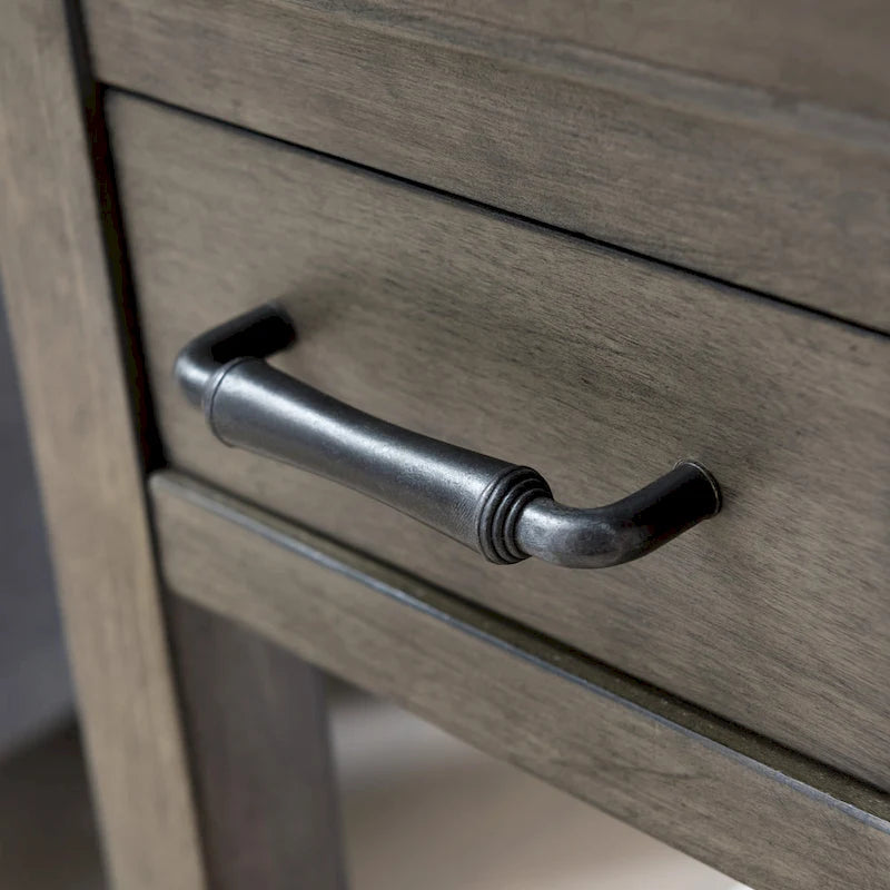 Mesa auxiliar de madera con un cajón y estante inferior, gris humo y cerezo chocolate