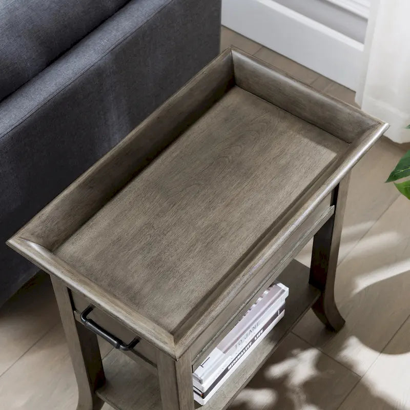 Mesa auxiliar de madera con un cajón y estante inferior, gris humo y cerezo chocolate