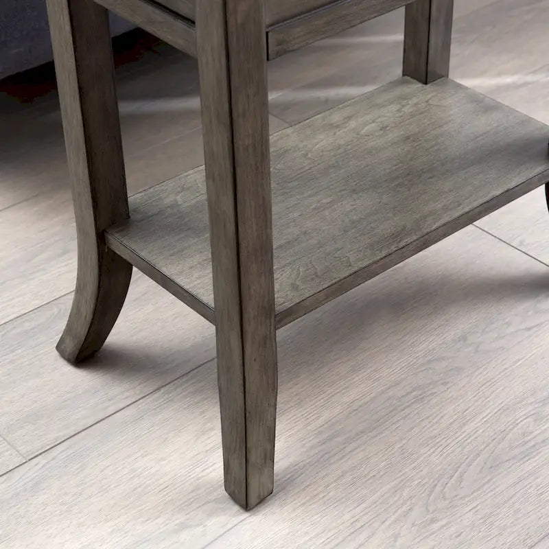 Mesa auxiliar de madera con un cajón y estante inferior, gris humo y cerezo chocolate