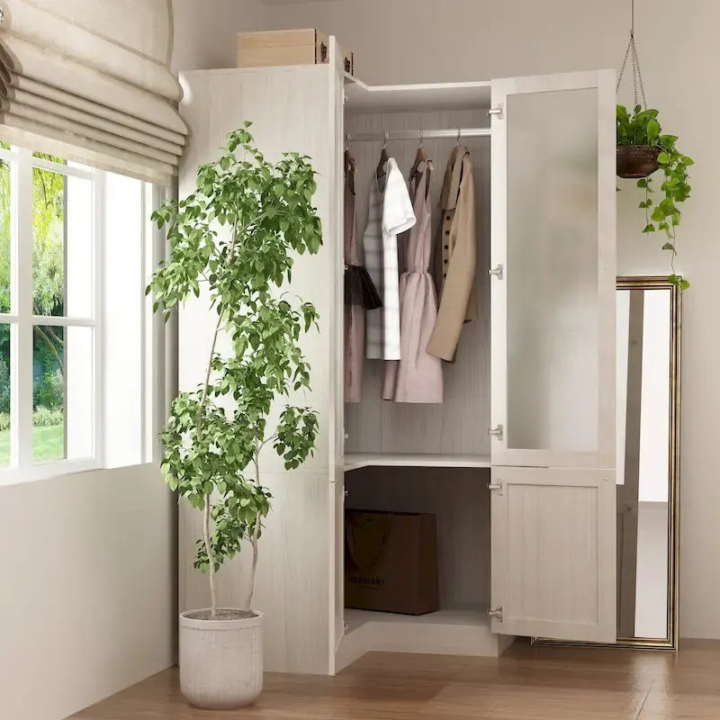 Armario modular con puerta de cristal esmerilado gris claro, armario esquinero en forma de L/U