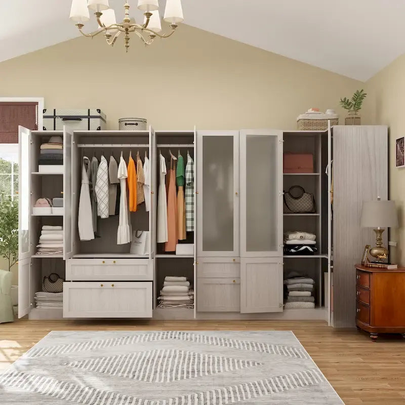 Armario modular con puerta de cristal esmerilado gris claro, armario esquinero en forma de L/U