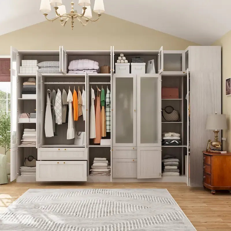 Armario modular con puerta de cristal esmerilado gris claro, armario esquinero en forma de L/U