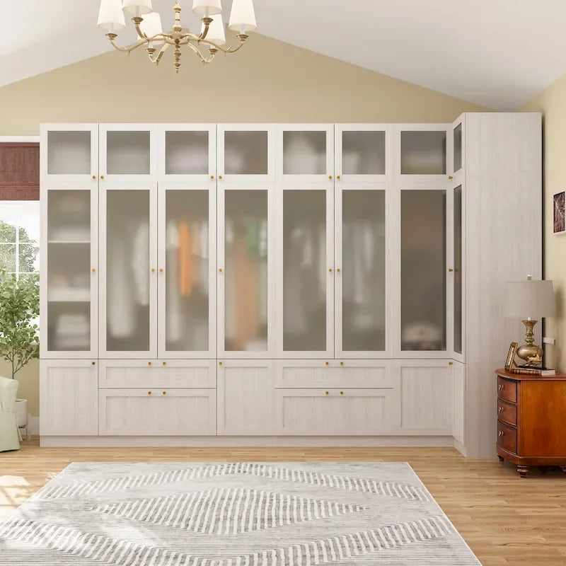 Armario modular con puerta de cristal esmerilado gris claro, armario esquinero en forma de L/U