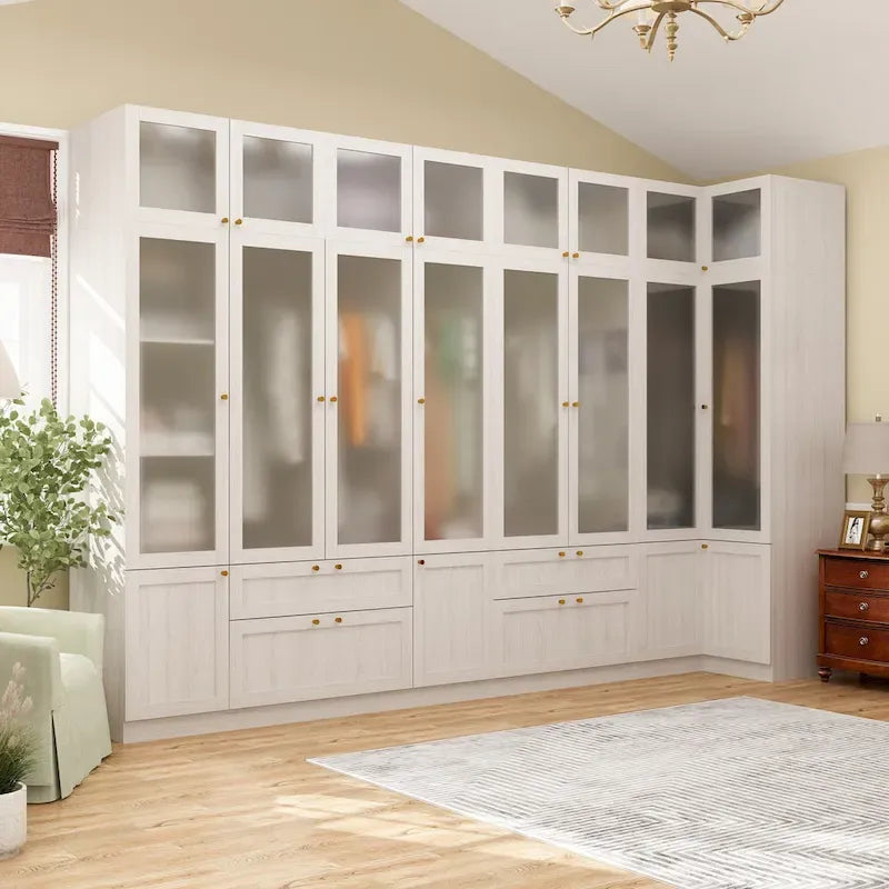 Armario modular con puerta de cristal esmerilado gris claro, armario esquinero en forma de L/U