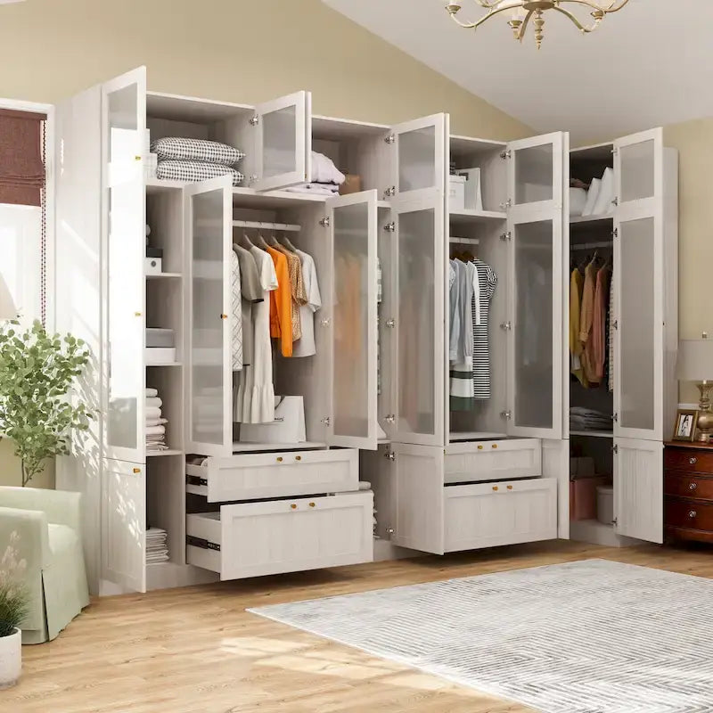 Armario modular con puerta de cristal esmerilado gris claro, armario esquinero en forma de L/U