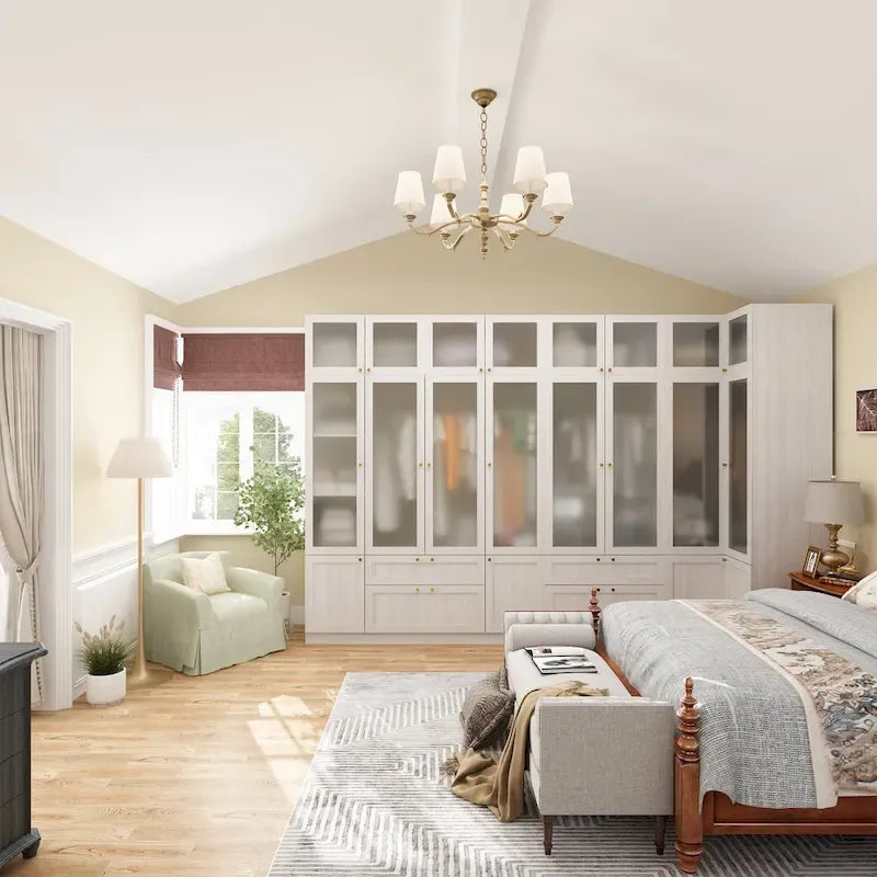 Armario modular con puerta de cristal esmerilado gris claro, armario esquinero en forma de L/U