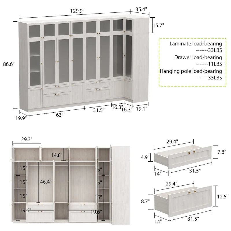 Armario modular con puerta de cristal esmerilado gris claro, armario esquinero en forma de L/U