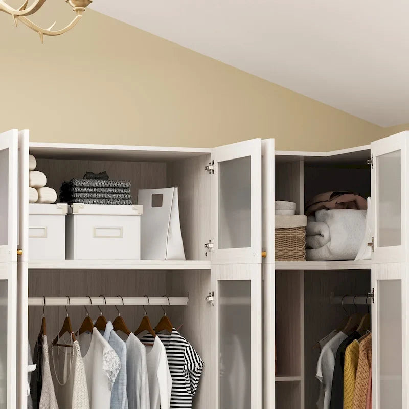Armario modular con puerta de cristal esmerilado gris claro, armario esquinero en forma de L/U