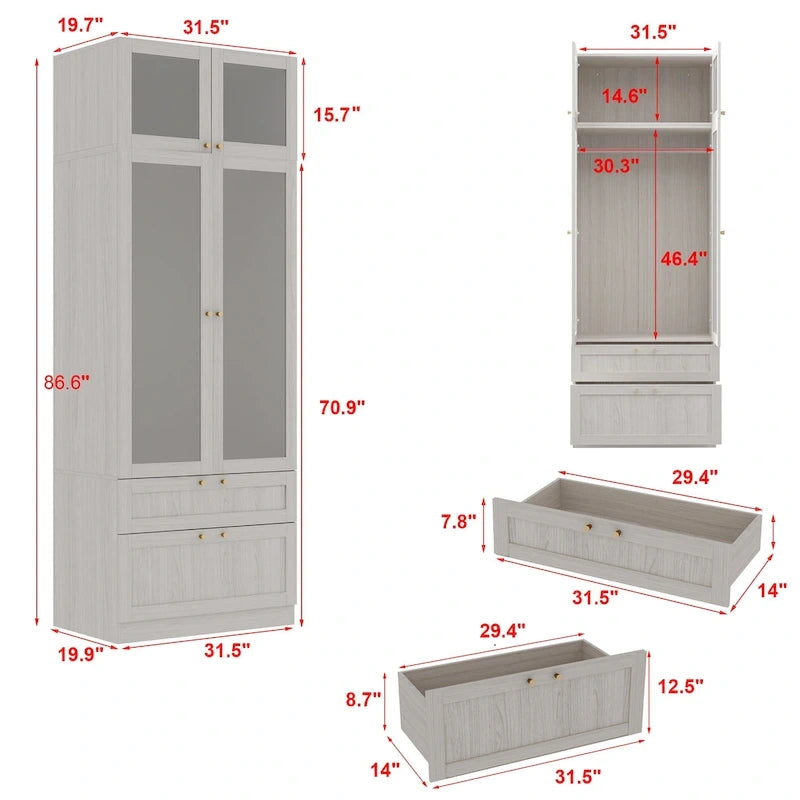 Armario modular con puerta de cristal esmerilado gris claro, armario esquinero en forma de L/U