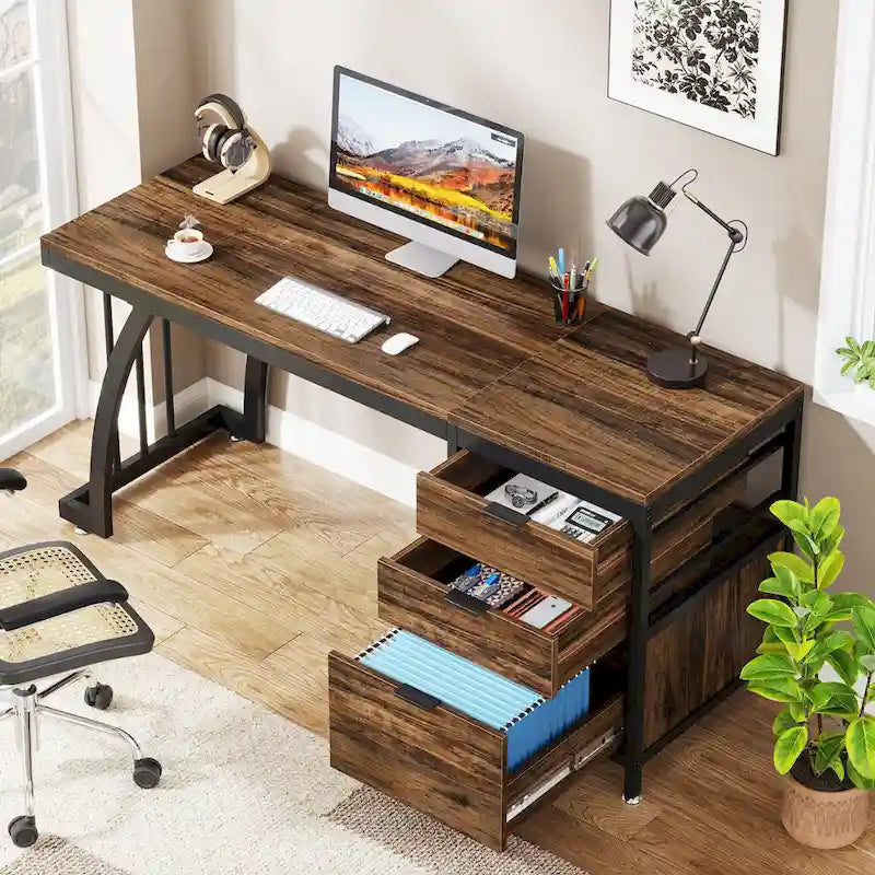 Escritorio rústico marrón/blanco con gabinete de 3 cajones